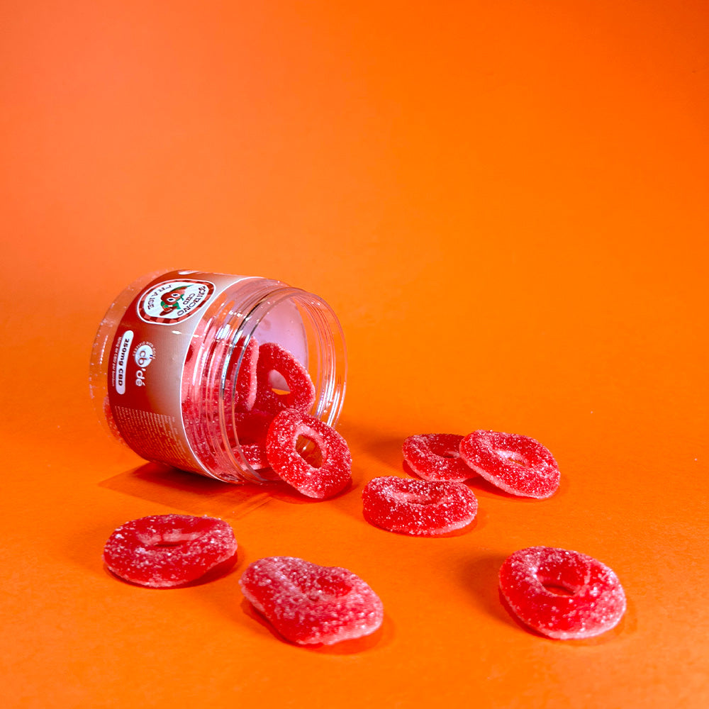 Bonbons CBD anneaux fraise boite ouverte