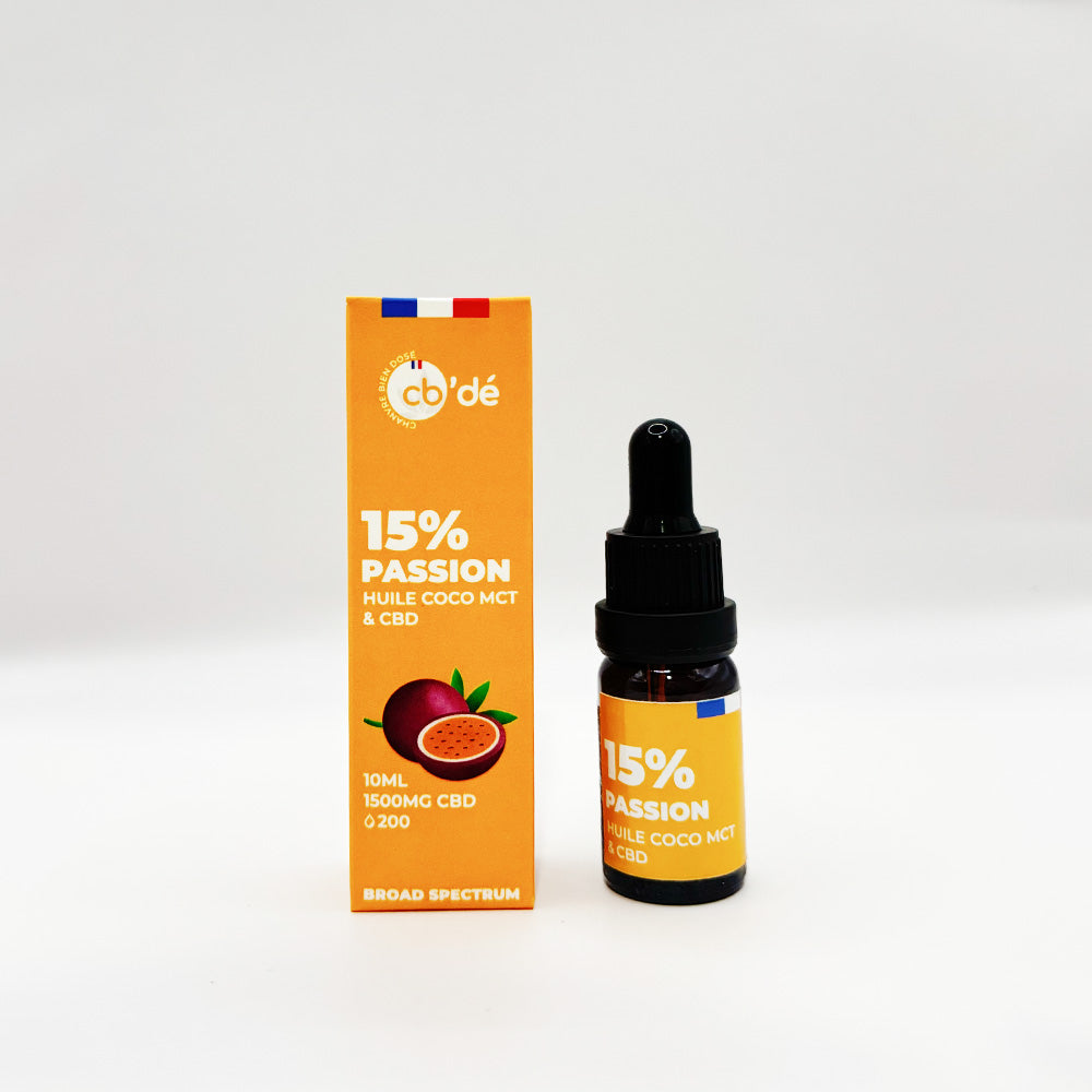 Huile de CBD Passion 15% avec sa boite et son étiquette